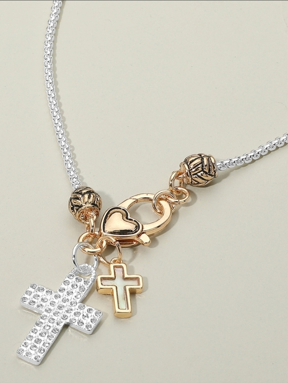 Two-Tone Cross & Heart Charm Necklace in Gold and Silver